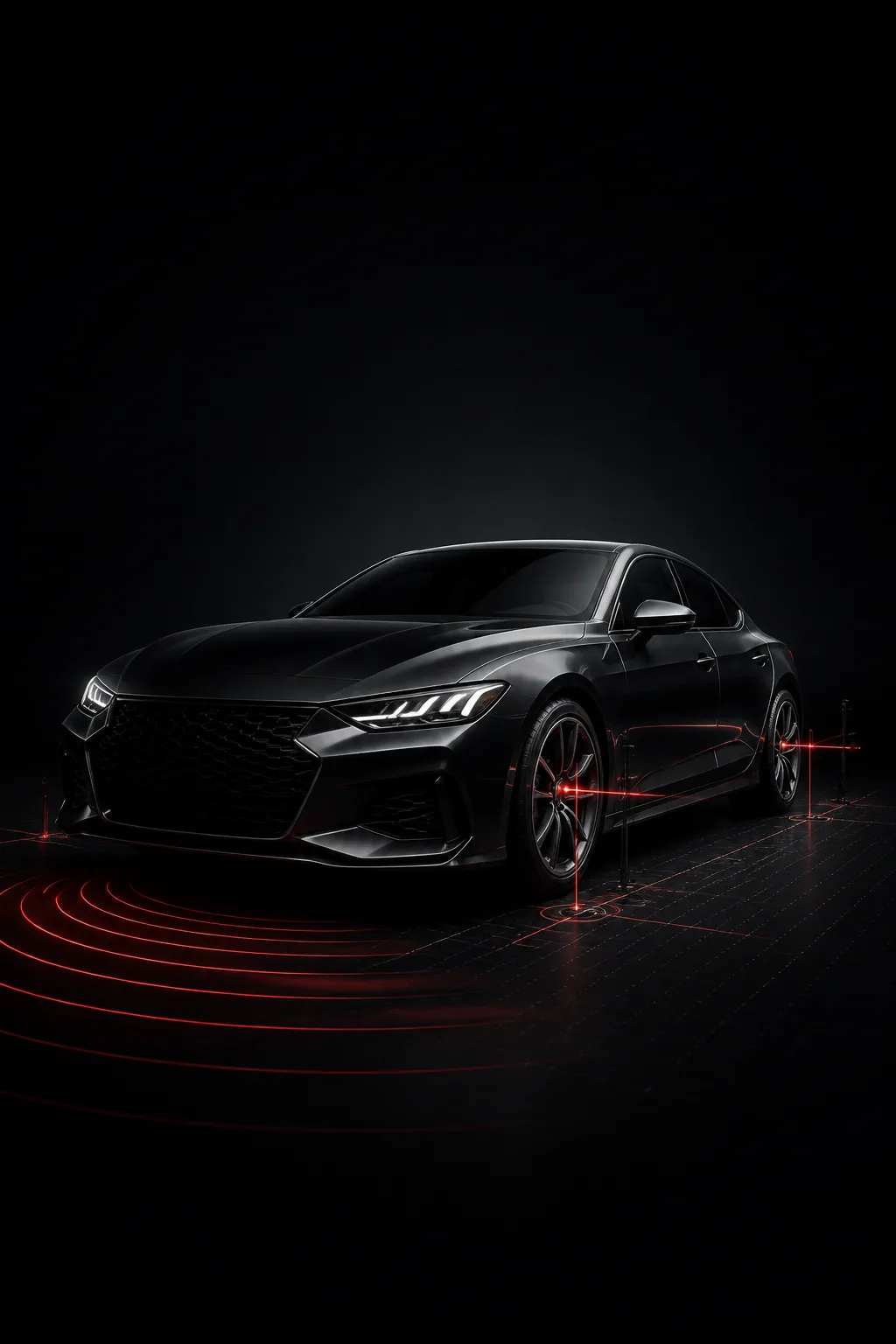 Dark saloon car on a wheel alignment and ADAS calibration rig with red laser measurement lines